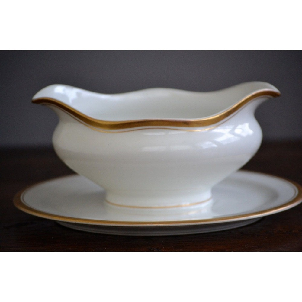 Old Colony Syracuse China round Gravy Boat with attached Underplate Gold Trim